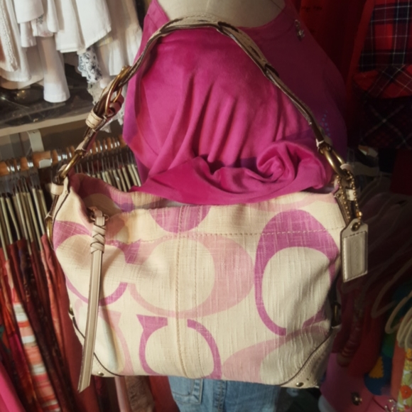 COACH Carly ♡ Gold Canvas|Leather Pinks|Cream Tonal "C" Medium Hobo Shoulder Bag - Picture 5 of 16